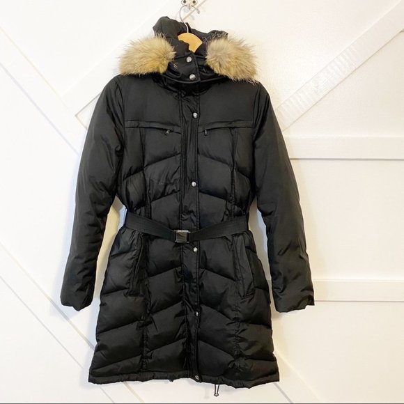 Marc New York Fur Detachable Hood Down Button Down Belted Puffer Jacket Black S - Picture 1 of 11